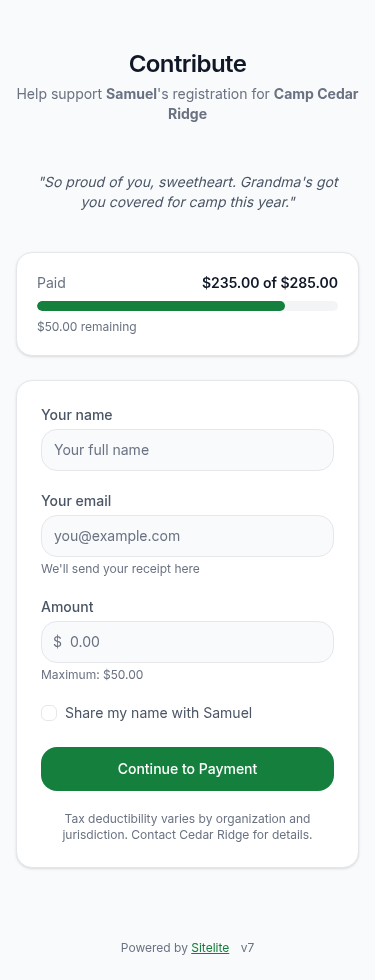 Public contribution page: a grandparent contributing toward a camp balance